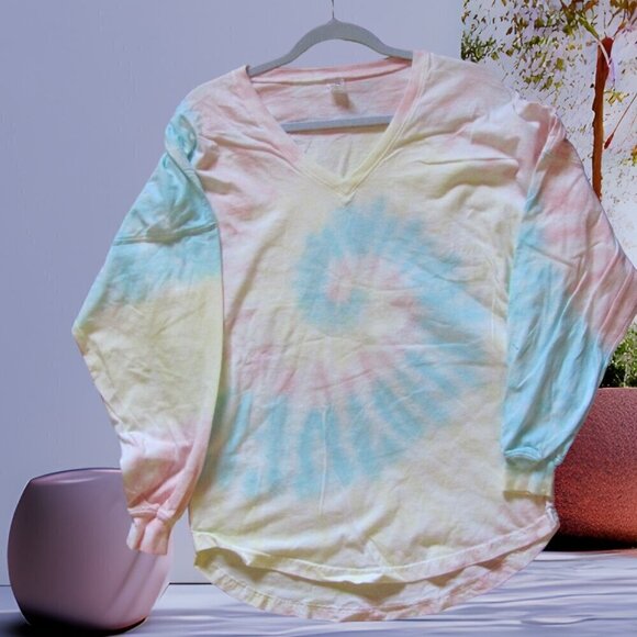SPIRIT JERSEY UNISEX LONG SLEEVE TIE DYED V NECK T Tops - SPIRIT JERSEY UNISEX LONG SLEEVE TIE DYED V NECK TSHIRT